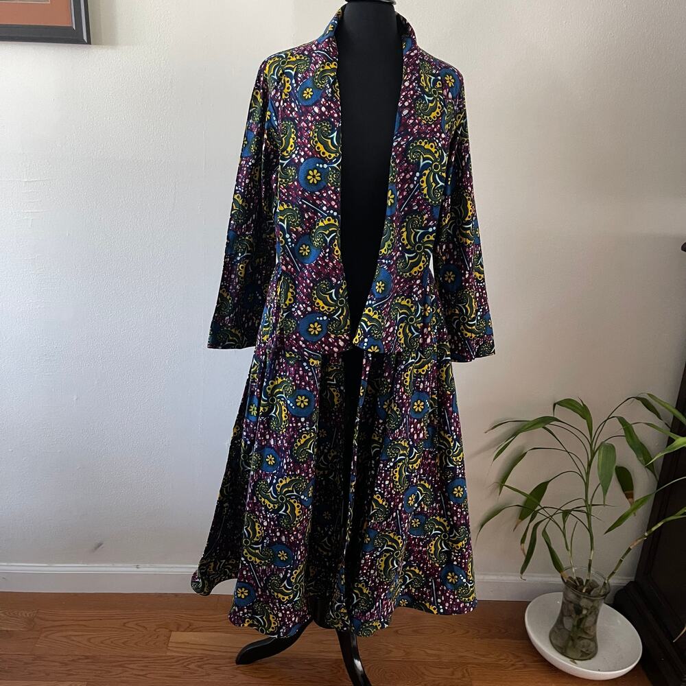 Demestik Open Front Duster Womens Large Cotton Wax Print Ankara Maxi Pocket Coat